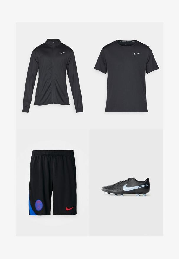 Črna atletska jakna z dolgimi rokavi, ovratnikom in polnim zadrgo. Vključuje diskreten bel Nike logotip na zgornjem levem delu prsnega koša. Gladka tekstura.; Črna tekaška majica Nike, izdelana iz lahkega in zračnega materiala, z kratkimi rokavi in majhnim belim logotipom na prsih.; Črne atletske kratke hlače iz lahke tkanine z elastiko v pasu. Imajo modri stranski panel in rdeči Nike logotip. Vključen je tudi pariski emblem.; Črne nogometne kopačke z zgornjim delom iz teksturirane usnje, modrim logotipom v obliki klina in svetlobno modrimi žebljički. Imajo eleganten dizajn in zapiranje na vezalke.