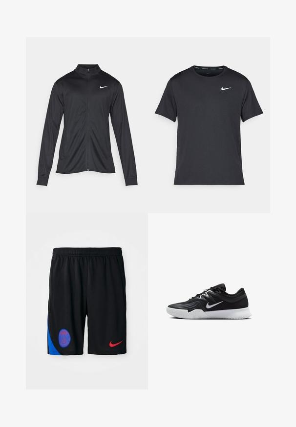 Black athletic jacket with long sleeves, collar, and full zipper. Features a subtle Nike logo in white on the upper left chest. Smooth texture.; Black Nike running T-shirt made of lightweight, breathable material, featuring short sleeves and a small white logo on the chest.; Black athletic shorts made of lightweight fabric with an elastic waistband. Features a blue side panel and red Nike logo. Paris emblem included.; Black athletic shoe with a textured upper, white Nike swoosh, and a white rubber outsole. Features a lace-up design and dynamic shape.