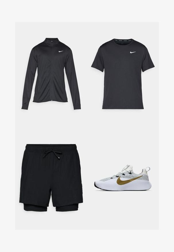 Čierna športová bunda s dlhými rukávmi, golierom a plným zipsom. Obsahuje nenápadné logo Nike v bielej farbe na hornej ľavej hrudi. Hladká textúra.; Čierne bežecké tričko Nike vyrobené z ľahkého a priedušného materiálu, s krátkymi rukávmi a malým bielym logom na hrudi.; Čierne športové šortky s elastickým pásom, nastaviteľnou šnúrkou a vnútornou podšívkou. Hladká tkanina s klasickým dizajnom a bez vzorov.; Biele a šedé bežecké tenisky s štruktúrovaným zvrškom, veľkým zlatým Nike swooshom na boku, čiernymi očkami, bielou podrážkou a pútkom na päte.