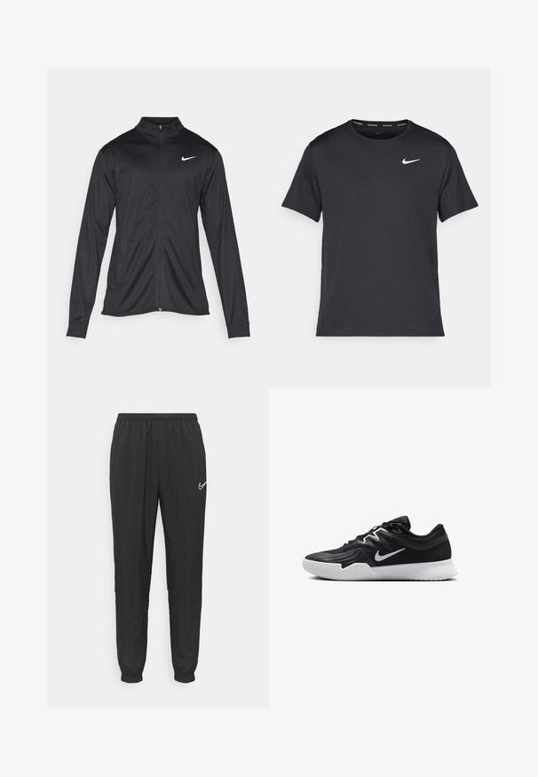 Jacket desportivo preto com mangas longas, colarinho e fecho zip completo. Apresenta um discreto logotipo da Nike em branco na parte superior do lado esquerdo do peito. Textura suave.; T-shirt de corrida Nike preto, feito de material leve e respirável, com mangas curtas e um pequeno logo branco no peito.; Nike Performance ACEDEMY PANT - Calças de fato de treino - black/white; Sapatilha atlética preta com um cabedal texturizado, swoosh branco da Nike e uma sola de borracha branca. Apresenta um design com atacadores e uma forma dinâmica.