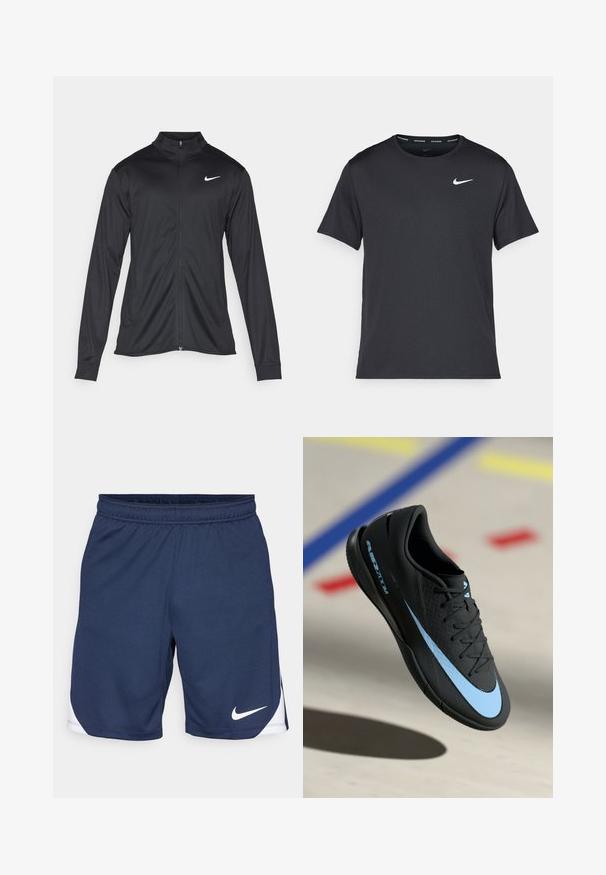 Melna sporta jaka ar garām piedurknēm, apkakli un pilnu rāvējslēdzēju. Uz kreisā krūts augšdaļas ir maigs Nike logo baltā krāsā. Gluda tekstūra.; Melna Nike skriešanas T-kreklā, kas izgatavots no viegla un elpojoša materiāla, ar īsām piedurknēm un mazu baltu logo uz krūtīm.; Tums zilas sporta šorti izgatavoti no teksturēta auduma ar elastīgu jostasvietu un baltu Nike logo apakšmalā.; Melnas sporta apavas ar ziliem akcentiem, teksturēta virsma, auklu dizains un izteiksmīga Nike logo. Gumijas zole ar saķeres rakstiem.