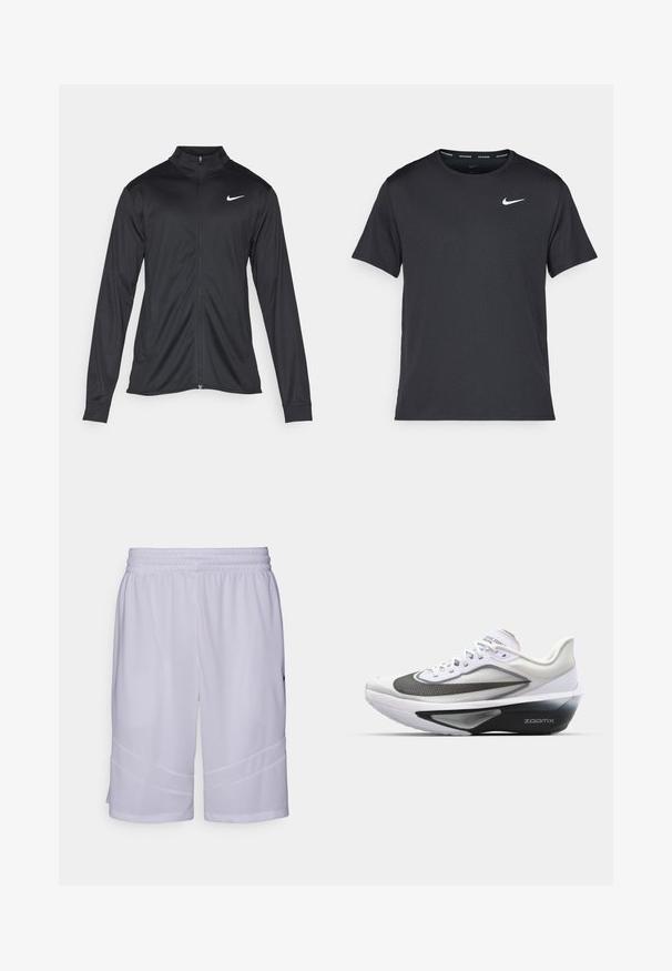 Must värvi sportlik jakk pikkade varrukatega, krae ja täispikk tõmblukk. Ülemises vasakus rinnas on diskreetne valge Nike logo. Sile tekstuur.; Mustamust Nike'i jooksupaita, mis on valmistatud kergest ja hingavast materjalist, lühikeste varrukatega ja mille rinnal on väike valge logo.; Valged spordilühikesed püksid, mis on valmistatud hingavast võrgusilma kangast. Omavad elastset vööd ja nurkadega paneeli detaile hemil.; Nike Performance ZOOM FLY 6 - Maanteejooksu jalatsid - white/black/smoke grey/metallic silver