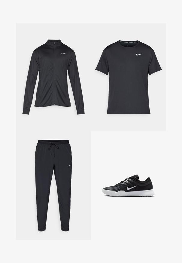 Musta urheilutakki pitkillä hihoilla, kauluksella ja kokonaisella vetoketjulla. Täydentää hienovarainen Nike-logo valkoisena vasemmassa ylärinnassa. Litteä pinta.; Musta Nike juoksupaita, joka on valmistettu kevyestä ja hengittävästä materiaalista. Paidassa on lyhyet hihnat ja pieni valkoinen logo rinnassa.; Musta Nike-juoksuhousut, joissa on narukiristysvyötärö, kapenevat lahkeet ja pieni hopeinen logo vasemmassa reidessä. Sujuva, kevyt kangas.; Musta urheilukenkä, jossa on teksturoitu päällinen, valkoinen Nike-tikkaus ja valkoinen kumipohja. Kenkässä on nauhakuji ja dynaaminen muoto.