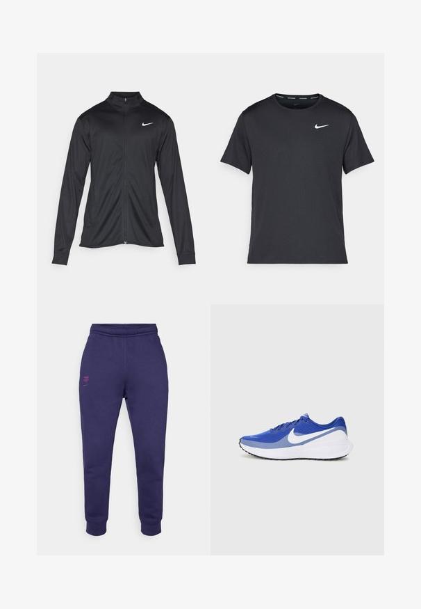 Sort atletisk jakke med lange ærmer, krave og fuld lynlås. Har et diskret Nike-logo i hvidt på den øverste venstre side af brystet. Glat tekstur.; Sort Nike løbe T-shirt lavet af let, åndbart materiale, med korte ærmer og et lille hvidt logo på brystet.; Lilla bomulds-sweatpants med elastisk talje, smalle ben og rosa broderet logo-detaljer på den venstre front og bagsiden.; Blå atletiske sko med en åndbar mesh-overdel, hvidt swoosh-logo og sort gummisål. Polstret sål for komfort.