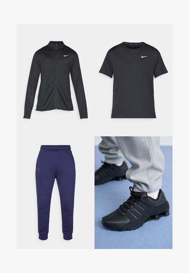 Svart idrettsjakke med lange ermer, krage og full glidelås. Har en subtil Nike-logo i hvitt på øvre venstre bryst. Glatt tekstur.; Svart Nike løpe-T-skjorte laget av lett, pustende stoff, med korte ermer og en liten hvit logo på brystet.; Lilla bomullssweatpants med elastisk midje, smalnende ben og rosa broderte logo detaljer på front venstre og bakside.; Person som har på seg svarte Nike Shox-sko og grå joggebukser og står på lyseblått teppe.