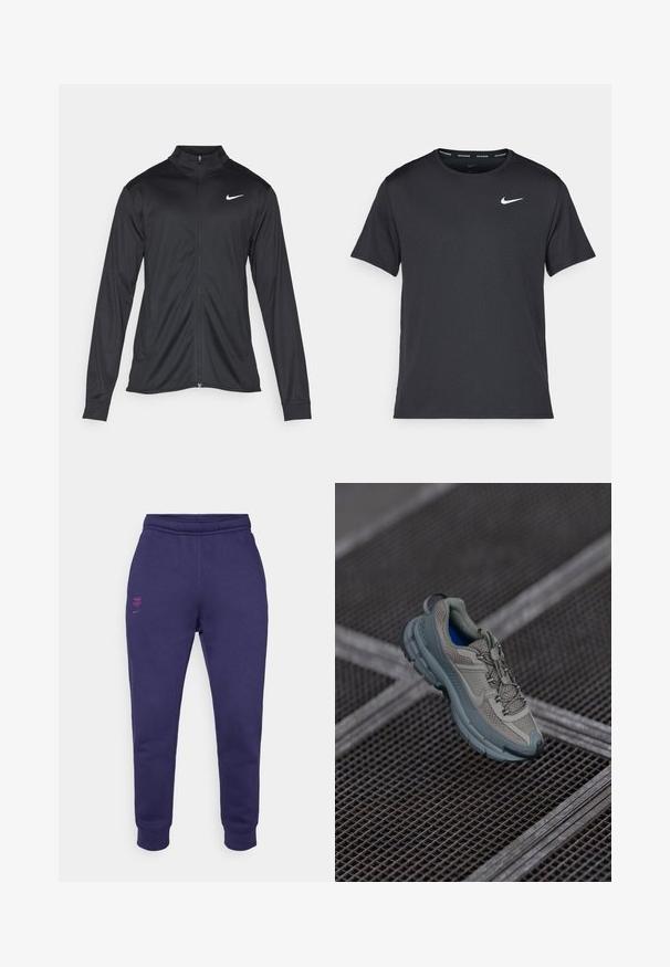 Juodas sportinis švarkas su ilgomis rankovėmis, apykakle ir pilnu užtrauktuku. Yra subtilus baltas Nike logotipas kairėje krūtinės pusėje. Lygus tekstūra.; Juodas Nike bėgimo marškinėlis, pagamintas iš lengvos, kvėpuojančios medžiagos, turintis trumpas rankoves ir mažą baltą logotipą ant krūtinės.; Violetiniai medvilniniai sportiniai kelnių su elastingu juosmeniu, siaurėjančios kojų formos ir rožiniu siuvinėjimo logotipu priekinėje kairėje ir gale.; Bežiniai ir pilki sportiniai bateliai su tekstūruotu tinkliniu viršumi, apvaliu pirštu ir guminiais padais, turi raištelius ir paminkštintą apykaklę.