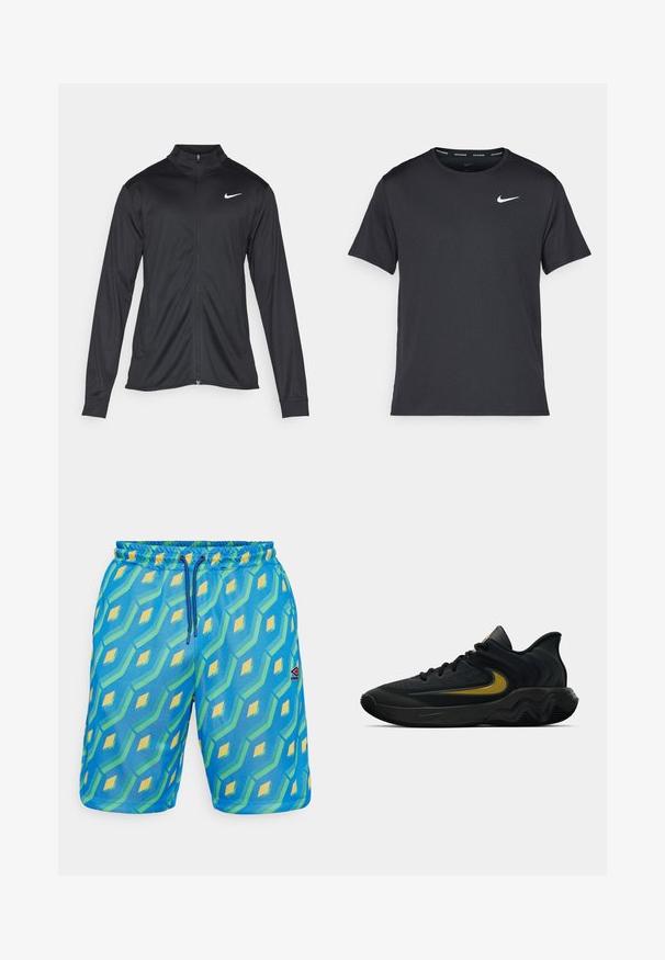 Veste de sport noire à manches longues, avec col et fermeture éclair intégrale. Présente un logo Nike subtil en blanc sur le côté supérieur gauche de la poitrine. Texture lisse.; T-shirt de course noir Nike en matériau léger et respirant, avec des manches courtes et un petit logo blanc sur la poitrine.; Shorts de bain bleus avec un motif géométrique en vert et jaune, dotés d'une taille élastique, d'un cordon de serrage et d'un petit patch avec logo.; Chaussure de sport noire et gris foncé avec des lacets noirs et un logo swoosh doré, présentant un design de semelle ondulée et un col de talon rembourré.