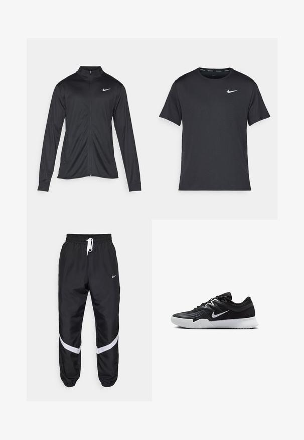 Giacca sportiva nera con maniche lunghe, colletto e zip completa. Presenta un logo Nike in bianco sulla parte superiore del lato sinistro del petto. Tessuto morbido.; Maglietta da corsa Nike nera realizzata in materiale leggero e traspirante, con maniche corte e un piccolo logo bianco sul petto.; Pantaloni atletici neri con accenti bianchi, dotati di una vita elastica con coulisse, tasche e orli affusolati. Logo Nike sul lato.; Scarpa sportiva nera con tomaia testurizzata, logo Nike swoosh bianco e suola in gomma bianca. Presenta un design con lacci e una forma dinamica.