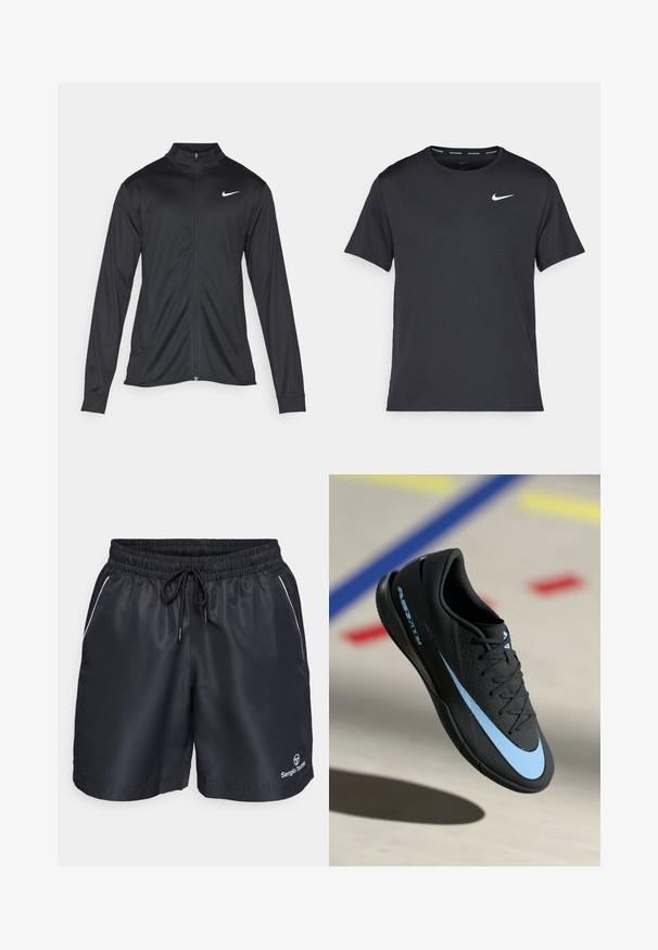 Must värvi sportlik jakk pikkade varrukatega, krae ja täispikk tõmblukk. Ülemises vasakus rinnas on diskreetne valge Nike logo. Sile tekstuur.; Mustamust Nike'i jooksupaita, mis on valmistatud kergest ja hingavast materjalist, lühikeste varrukatega ja mille rinnal on väike valge logo.; Mustad must sportlikud lühikesed püksid elastse vöökoha, nööriga ja valgete külgmiste detailidega. Alumisel paremal jalal on väljaulatuv logo.; Mustad mustus spordijalats siniste detailidega, tekstureeritud pind, lipsudega disain ja eristuv Nike logo. Kummist talla, millel on haardemustrid.