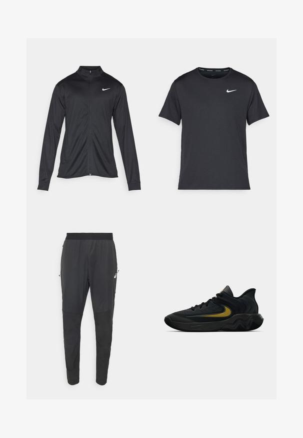 Must värvi sportlik jakk pikkade varrukatega, krae ja täispikk tõmblukk. Ülemises vasakus rinnas on diskreetne valge Nike logo. Sile tekstuur.; Mustamust Nike'i jooksupaita, mis on valmistatud kergest ja hingavast materjalist, lühikeste varrukatega ja mille rinnal on väike valge logo.; Mustad mustritreeningpüksid, mis on valmistatud kergest veekindlast materjalist, omavad kitsenevat disaini, elastset vöökohta ja lukuga külgtaskuid.; Mustmust värvi ja tumeda halli sportlik king, millel on mustad paelad ja kuldne swooshi logo, ning laineline tald ja pehmendatud kand.