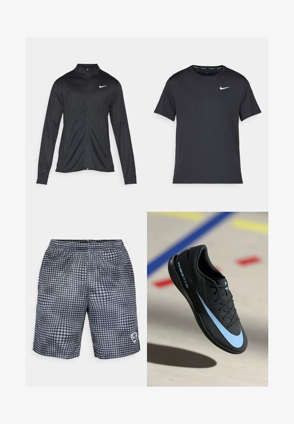 Černá sportovní bunda s dlouhými rukávy, límcem a plným zipem. Má decentní bílou logo značky Nike na horní levé části hrudi. Hladká textura.; Černé běžecké tričko Nike vyrobené z lehkého a prodyšného materiálu, s krátkými rukávy a malým bílým logem na hrudi.; Černé plavky s bílým vzorem kruhových teček, elastickým pasem a logem na dolní pravé straně. Lehce materiál.; Černá sportovní obuv s modrými akcenty, texturovaný povrch, šněrovací design a charakteristické logo Nike. Gumová podešev s protiskluzovými vzory.