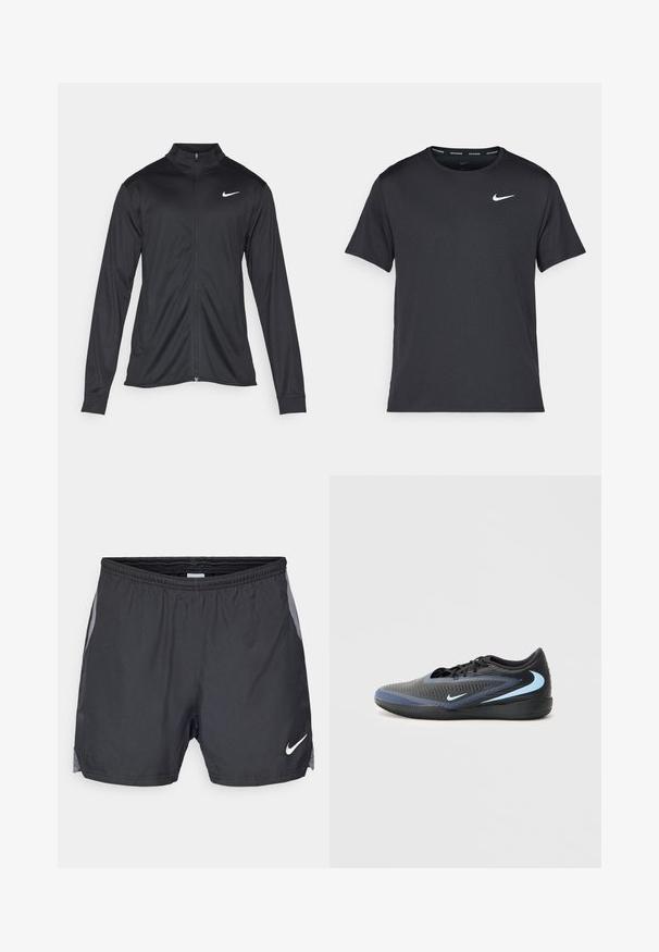 Melna sporta jaka ar garām piedurknēm, apkakli un pilnu rāvējslēdzēju. Uz kreisā krūts augšdaļas ir maigs Nike logo baltā krāsā. Gluda tekstūra.; Melna Nike skriešanas T-kreklā, kas izgatavots no viegla un elpojoša materiāla, ar īsām piedurknēm un mazu baltu logo uz krūtīm.; Melnas sportiskas šortus ar acs sānu paneļiem un elastīgu jostasvietu. Baltais logo apakšējā priekšā. Viegls audums.; Melna un zila zema profila sporta apavu pāris ar teksturētu virsmu, melnām šņorēm un gaiši zilām Nike žilbinošām logrām sānos un zolē.