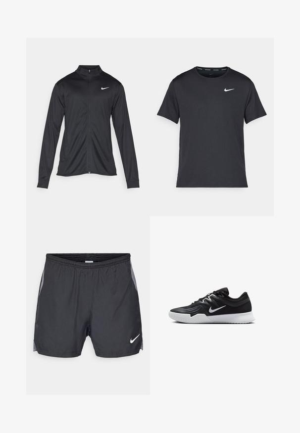 Čierna športová bunda s dlhými rukávmi, golierom a plným zipsom. Obsahuje nenápadné logo Nike v bielej farbe na hornej ľavej hrudi. Hladká textúra.; Čierne bežecké tričko Nike vyrobené z ľahkého a priedušného materiálu, s krátkymi rukávmi a malým bielym logom na hrudi.; Čierne športové šortky so sieťovinovým bočným panelom a elastickým pásom. Logo v bielej farbe na dolnej prednej časti. Ľahká látka.; Čierna športová topánka s textúrovaným zvrškom, bielym logom Nike a bielou gumovou podrážkou. Má šnurovací dizajn a dynamický tvar.