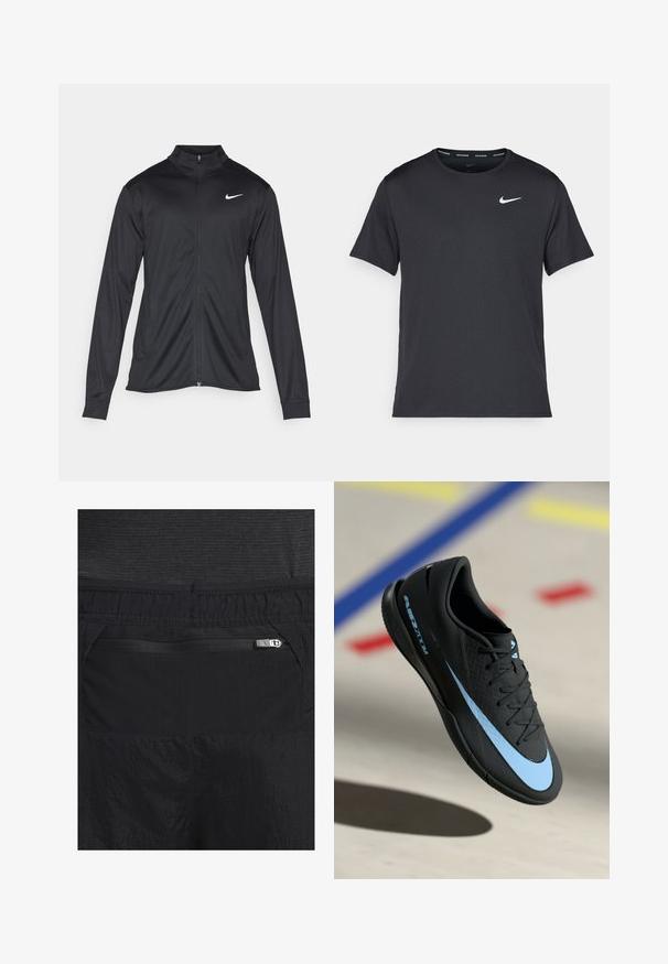 Veste de sport noire à manches longues, avec col et fermeture éclair intégrale. Présente un logo Nike subtil en blanc sur le côté supérieur gauche de la poitrine. Texture lisse.; T-shirt de course noir Nike en matériau léger et respirant, avec des manches courtes et un petit logo blanc sur la poitrine.; Shorts de sport noirs en tissu texturé, avec une taille élastique et une poche zippée sécurisée à l'arrière pour le rangement.; Chaussure de sport noire avec accents bleus, surface texturée, design à lacets et logo Nike distinctif. Semelle en caoutchouc avec motifs de grip.