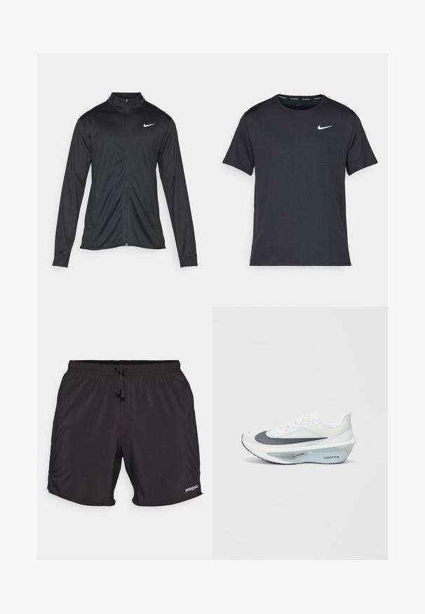 Must värvi sportlik jakk pikkade varrukatega, krae ja täispikk tõmblukk. Ülemises vasakus rinnas on diskreetne valge Nike logo. Sile tekstuur.; Mustamust Nike'i jooksupaita, mis on valmistatud kergest ja hingavast materjalist, lühikeste varrukatega ja mille rinnal on väike valge logo.; Mustad mustus sportlikud lühikesed püksid, millel on elastne vöökoht ja reguleeritav pael. Siledast kangast, millel on peen sära ning küljetaskud. Ehituses on logo.; Valge sportlik king, millel on hall võrgusilm ülemine osa, sinine ZoomX vaht keskmine tald ja kumer välispinna disain, mis tagab parema tõuke ja mugavuse.