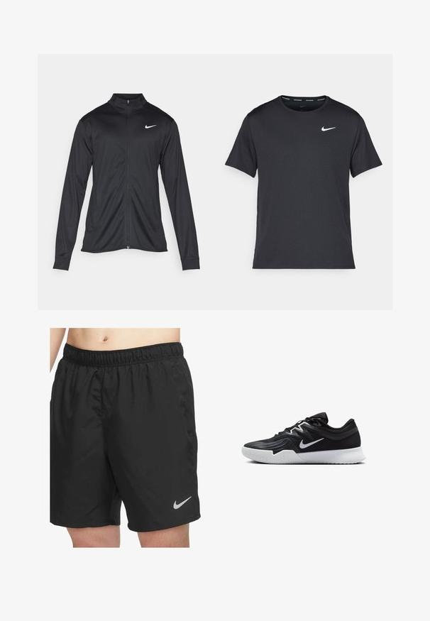Jacket desportivo preto com mangas longas, colarinho e fecho zip completo. Apresenta um discreto logotipo da Nike em branco na parte superior do lado esquerdo do peito. Textura suave.; T-shirt de corrida Nike preto, feito de material leve e respirável, com mangas curtas e um pequeno logo branco no peito.; Calções atléticos pretos feitos de material leve, com uma cintura elástica e um pequeno logotipo cinza da Nike no canto inferior direito.; Sapatilha atlética preta com um cabedal texturizado, swoosh branco da Nike e uma sola de borracha branca. Apresenta um design com atacadores e uma forma dinâmica.