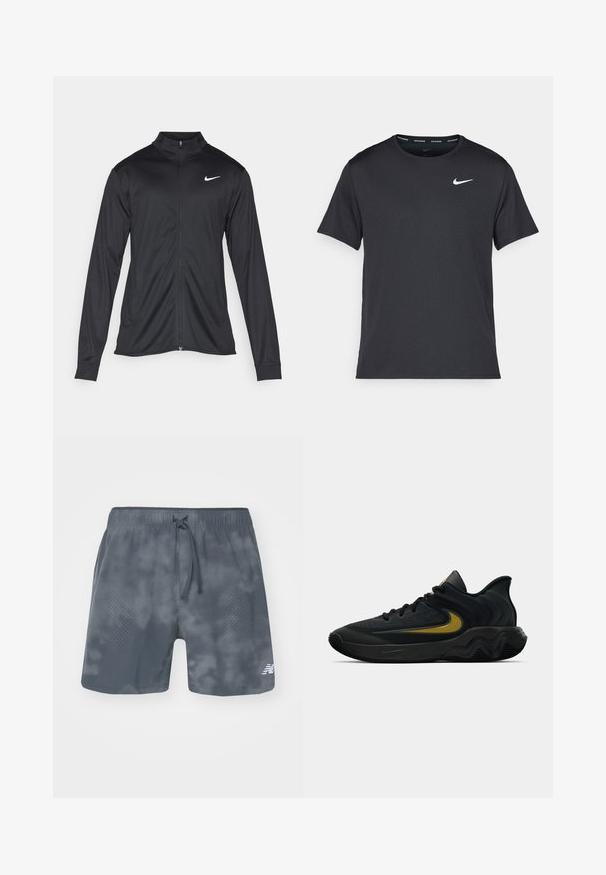 Musta urheilutakki pitkillä hihoilla, kauluksella ja kokonaisella vetoketjulla. Täydentää hienovarainen Nike-logo valkoisena vasemmassa ylärinnassa. Litteä pinta.; Musta Nike juoksupaita, joka on valmistettu kevyestä ja hengittävästä materiaalista. Paidassa on lyhyet hihnat ja pieni valkoinen logo rinnassa.; Harmaat urheilushortsit, joissa on nauhakuja, valmistettu tekstuurikankaasta, jossa on pistekuvioita yhdellä puolella ja logo alhaalla oikealla.; Musta ja tummanharmaa urheilukenkä mustilla nauhoilla ja kultaisella swoosh-logolla, jossa on aaltoileva pohjakuvio ja pehmustettu kantapään kaulus.