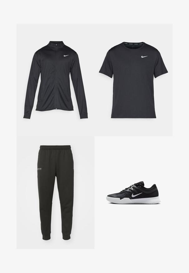 Black athletic jacket with long sleeves, collar, and full zipper. Features a subtle Nike logo in white on the upper left chest. Smooth texture.; Black Nike running T-shirt made of lightweight, breathable material, featuring short sleeves and a small white logo on the chest.; Nike Performance PANT - Tracksuit bottoms - black; Black athletic shoe with a textured upper, white Nike swoosh, and a white rubber outsole. Features a lace-up design and dynamic shape.