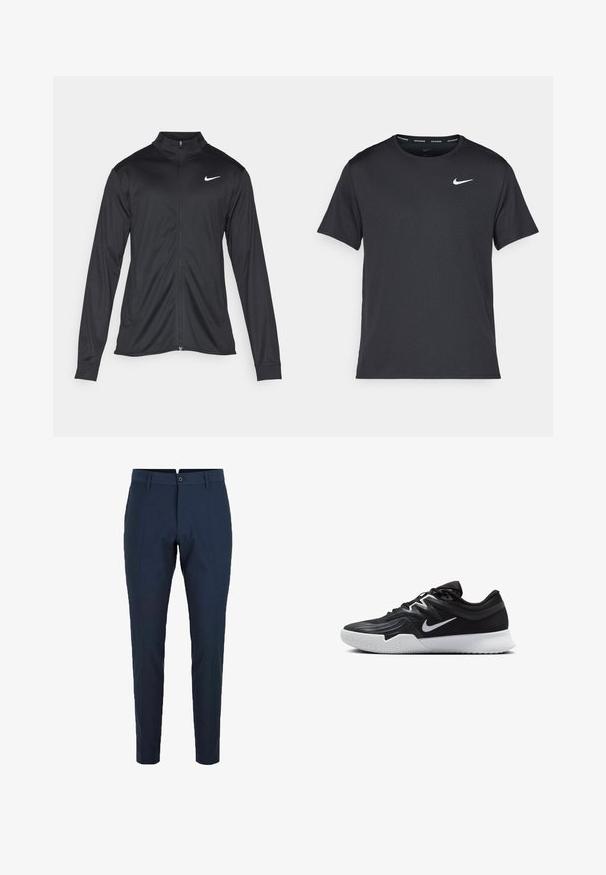 Jacket desportivo preto com mangas longas, colarinho e fecho zip completo. Apresenta um discreto logotipo da Nike em branco na parte superior do lado esquerdo do peito. Textura suave.; T-shirt de corrida Nike preto, feito de material leve e respirável, com mangas curtas e um pequeno logo branco no peito.; Calças ajustadas azul-marinho, com passantes para cinto, pregas frontais e um design slim fit. Feitas em tecido leve e suave.; Sapatilha atlética preta com um cabedal texturizado, swoosh branco da Nike e uma sola de borracha branca. Apresenta um design com atacadores e uma forma dinâmica.