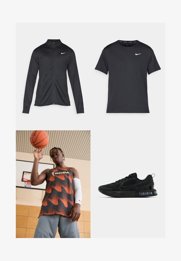 Svart idrettsjakke med lange ermer, krage og full glidelås. Har en subtil Nike-logo i hvitt på øvre venstre bryst. Glatt tekstur.; Svart Nike løpe-T-skjorte laget av lett, pustende stoff, med korte ermer og en liten hvit logo på brystet.; WNBA tanktop i oransje og svart, med et bølgemønster. Kombinert med grå shorts og en hvit armlomme, holder en basketball over hodet.; Svart Nike treningssko med mesh-overdel, gummisåle, polstret krage og en distinkt gjennomsiktig hældetalj.