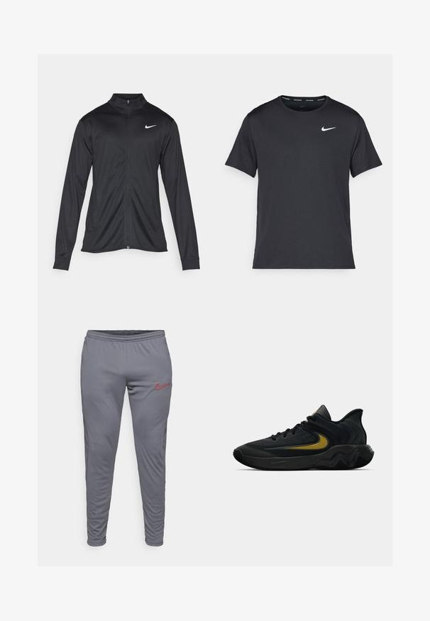 Musta urheilutakki pitkillä hihoilla, kauluksella ja kokonaisella vetoketjulla. Täydentää hienovarainen Nike-logo valkoisena vasemmassa ylärinnassa. Litteä pinta.; Musta Nike juoksupaita, joka on valmistettu kevyestä ja hengittävästä materiaalista. Paidassa on lyhyet hihnat ja pieni valkoinen logo rinnassa.; Nike Performance DRI-FIT ACADEMY PANT - Verryttelyhousut - iron grey/dragon red; Musta ja tummanharmaa urheilukenkä mustilla nauhoilla ja kultaisella swoosh-logolla, jossa on aaltoileva pohjakuvio ja pehmustettu kantapään kaulus.