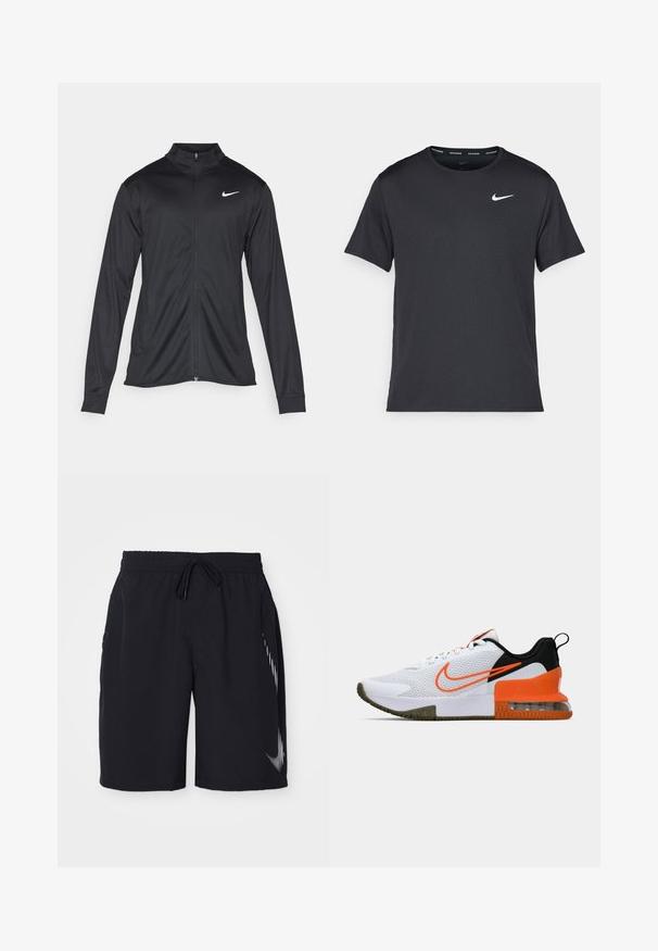 Zwarte sportjack met lange mouwen, kraag en volle rits. Voorzien van een subtiele Nike-logo in het wit op de bovenste linkerborst. Soepele textuur.; Zwarte Nike hardloop T-shirt gemaakt van lichtgewicht, ademend materiaal, met korte mouwen en een klein wit logo op de borst.; Zwarte sportshorts met een elastische tailleband, trekkoord en een wit logoontwerp op de zijkant. Gemaakt van lichtgewicht, glad materiaal.; Witte sportieve schoen met een gestructureerde mesh bovenkant, zwarte en oranje accenten, een dikke rubberen zool en een doorzichtige luchtkussensectie bij de hak.