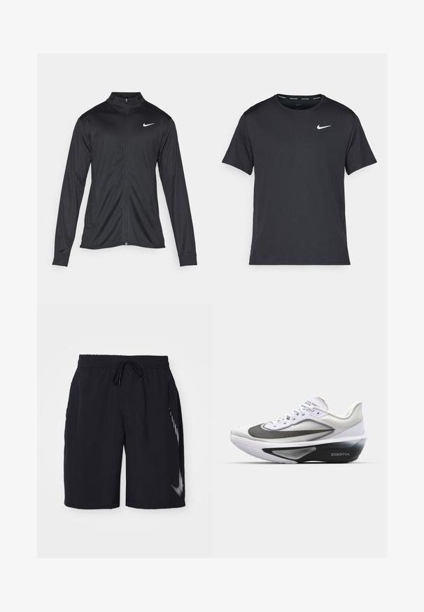 Melna sporta jaka ar garām piedurknēm, apkakli un pilnu rāvējslēdzēju. Uz kreisā krūts augšdaļas ir maigs Nike logo baltā krāsā. Gluda tekstūra.; Melna Nike skriešanas T-kreklā, kas izgatavots no viegla un elpojoša materiāla, ar īsām piedurknēm un mazu baltu logo uz krūtīm.; Melni sporta šorti ar elastīgu jostu, auklu un baltu logotipu sānos. Izgatavoti no viegla, gluda materiāla.; Nike Performance ZOOM FLY 6 - Apavi skriešanai pa asfaltu - white/black/smoke grey/metallic silver