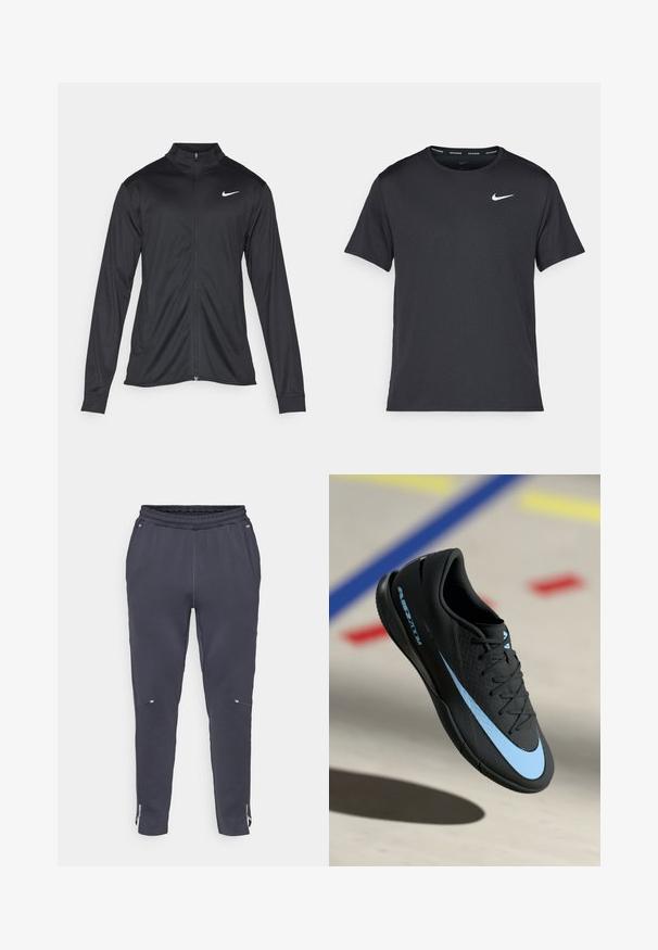 Čierna športová bunda s dlhými rukávmi, golierom a plným zipsom. Obsahuje nenápadné logo Nike v bielej farbe na hornej ľavej hrudi. Hladká textúra.; Čierne bežecké tričko Nike vyrobené z ľahkého a priedušného materiálu, s krátkymi rukávmi a malým bielym logom na hrudi.; Námornícké tepláky s elastickým pásom, bočnými vreckami a zipsami na spodnej časti nohavíc. Vyrobené z jemného materiálu s hladkou textúrou a minimalistickým dizajnom.; Čierne športové topánky s modrými akcentmi, textúrovaný povrch, dizajn na šnurovanie a charakteristické logo Nike. Gumová podrážka s gripovými vzormi.