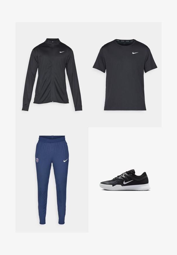 Veste de sport noire à manches longues, avec col et fermeture éclair intégrale. Présente un logo Nike subtil en blanc sur le côté supérieur gauche de la poitrine. Texture lisse.; T-shirt de course noir Nike en matériau léger et respirant, avec des manches courtes et un petit logo blanc sur la poitrine.; Pantalons de sport navy en tissu texturé avec un logo Paris sur la cuisse gauche et un logo Nike blanc sur la droite.; Chaussure de sport noire avec une tige texturée, un swoosh blanc de Nike et une semelle extérieure en caoutchouc blanc. Elle présente un design à lacets et une forme dynamique.