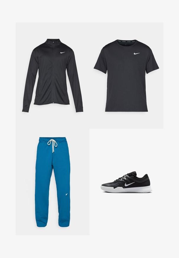 Juodas sportinis švarkas su ilgomis rankovėmis, apykakle ir pilnu užtrauktuku. Yra subtilus baltas Nike logotipas kairėje krūtinės pusėje. Lygus tekstūra.; Juodas Nike bėgimo marškinėlis, pagamintas iš lengvos, kvėpuojančios medžiagos, turintis trumpas rankoves ir mažą baltą logotipą ant krūtinės.; Mėlynos sportinės kelnės su raišteliu juosmens srityje, standžiais riebiais rankogaliais, minkšta tekstūra ir mažas logotipas kairėje pusėje. Lankstus ir patogus dizainas.; Juodos sportinės bateliai su tekstūruota viršutine dalimi, balta Nike swoosh ir balta gumine išorine dalimi. Yra su raištelių užsegimo dizainu ir dinamine forma.