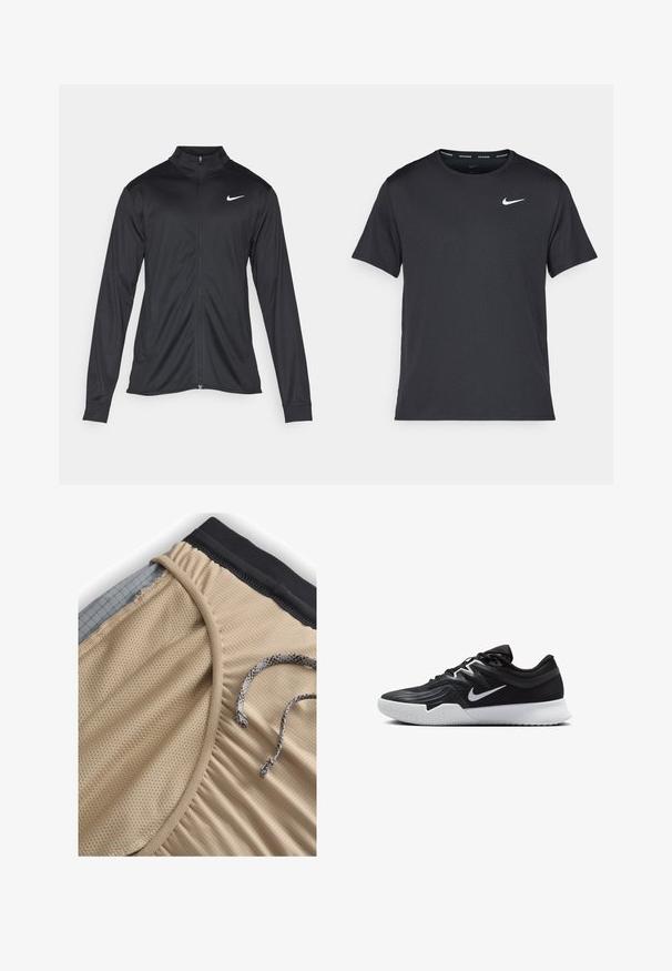 Musta urheilutakki pitkillä hihoilla, kauluksella ja kokonaisella vetoketjulla. Täydentää hienovarainen Nike-logo valkoisena vasemmassa ylärinnassa. Litteä pinta.; Musta Nike juoksupaita, joka on valmistettu kevyestä ja hengittävästä materiaalista. Paidassa on lyhyet hihnat ja pieni valkoinen logo rinnassa.; Nike Performance SECONDSUNRISE - Urheilushortsit - khaki smoke grey black; Musta urheilukenkä, jossa on teksturoitu päällinen, valkoinen Nike-tikkaus ja valkoinen kumipohja. Kenkässä on nauhakuji ja dynaaminen muoto.