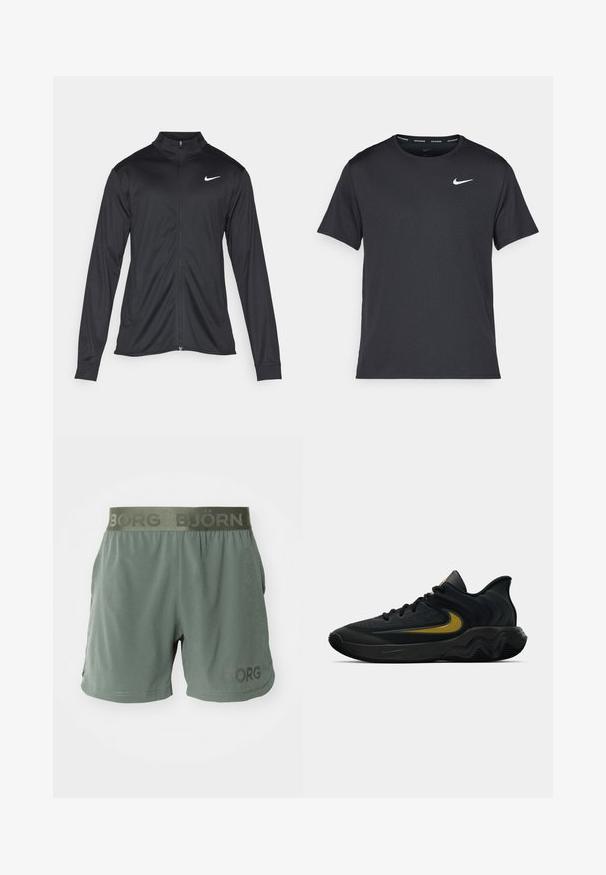 Crna sportska jakna s dugim rukavima, ovratnikom i punim patentnim zatvaračem. Ima suptilan Nike logo u bijeloj boji na gornjem lijevom dijelu prsne oznake. Glatka tekstura.; Crna Nike majica za trčanje napravljena od laganog, prozračnog materijala, s kratkim rukavima i malim bijelim logotipom na prsima.; Zelene atletske kratke hlače napravljene od laganog materijala, s elastičnim pojasom s "BJÖRN" brendom i bočnom džepom radi praktičnosti.; Crne i tamnosive atletske tenisice s crnim vezicama i zlatnim Swoosh logom, sa valovitom dizajnom đona i podstavljenim ovratnikom na peti.