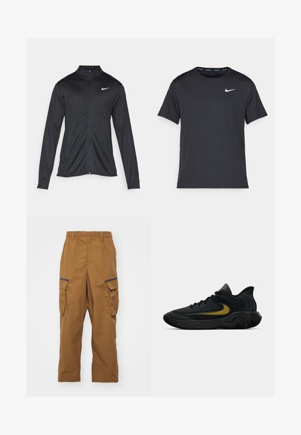 Black athletic jacket with long sleeves, collar, and full zipper. Features a subtle Nike logo in white on the upper left chest. Smooth texture.; Black Nike running T-shirt made of lightweight, breathable material, featuring short sleeves and a small white logo on the chest.; Brown cargo pants with a relaxed fit, elastic waistband, two side pockets, and black accents on pockets. Made of durable, textured fabric.; Black and dark gray athletic shoe with black laces and gold swoosh logo, featuring a wavy sole design and padded heel collar.