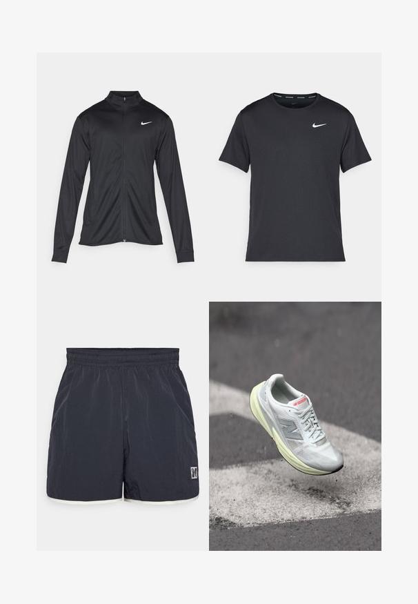 Juodas sportinis švarkas su ilgomis rankovėmis, apykakle ir pilnu užtrauktuku. Yra subtilus baltas Nike logotipas kairėje krūtinės pusėje. Lygus tekstūra.; Juodas Nike bėgimo marškinėlis, pagamintas iš lengvos, kvėpuojančios medžiagos, turintis trumpas rankoves ir mažą baltą logotipą ant krūtinės.; Tamsiai mėlynos šortai su elastingu juosmeniu, kontrastinga šviesia apykakle ir mažuoju logotipu apatiniame šone. Lygus, lengvas audinys.; Lengvi bėgimo bateliai su balta tinkline viršutinės dalies medžiaga, geltonu vidpadžiu ir pilkais akcentais. Sukurti su išsiskiriančiu „N“ logotipu ir tekstūruota paviršiumi.