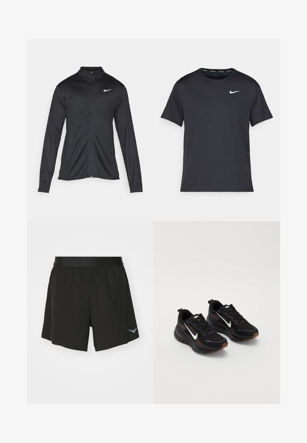 Μαύρο αθλητικό μπουφάν με μακριά μανίκια, γιακά και πλήρη φερμουάρ. Διαθέτει ένα διακριτικό λευκό λογότυπο της Nike στη πάνω αριστερή πλευρά του στήθους. Λείος υφασμάτινος χαρακτήρας.; Μαύρη αθλητική μπλούζα Nike από ελαφρύ, αναπνέον υλικό, με κοντά μανίκια και μικρό λευκό λογότυπο στο στήθος.; Μαύρα αθλητικά σορτς από ελαφρύ ύφασμα, με ελαστική μέση και ένα μικρό μπλε λογότυπο στην κάτω αριστερή πλευρά.; Μαύρα αθλητικά παπούτσια με αναπνεύσιμο πλέγμα, λευκό λογότυπο Nike, υφή στη σόλα και αντίθετες καφέ λεπτομέρειες. Περιλαμβάνει ενισχυμένη φτέρνα.