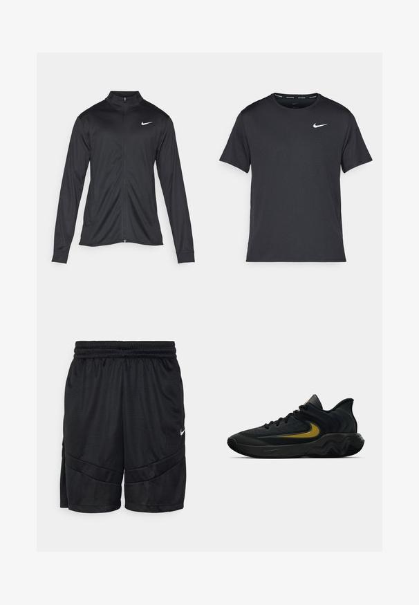 Fekete sportdzseki hosszú ujjal, gallérral és teljes cipzárral. Diszkrét fehér Nike logóval az upper bal mellen. Sima textúra.; Fekete Nike futó póló, könnyű, légáteresztő anyagból készült, rövid ujjú, és a mellkasán egy kicsi fehér logó található.; Fekete sportnadrág texturált hálós anyagból, rugalmas derékpánttal és keresztirányú varrásokkal. Kis fehér logó az oldalon.; Fekete és sötétszürke sportcipő fekete fűzővel és arany swoosh logóval, hullámos talpformával és párnázott sarokpánttal.
