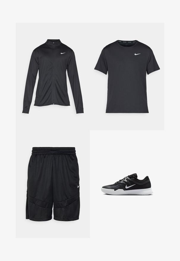Must värvi sportlik jakk pikkade varrukatega, krae ja täispikk tõmblukk. Ülemises vasakus rinnas on diskreetne valge Nike logo. Sile tekstuur.; Mustamust Nike'i jooksupaita, mis on valmistatud kergest ja hingavast materjalist, lühikeste varrukatega ja mille rinnal on väike valge logo.; Musthave mustr varustuskortsid, mis on valmistatud tekstuurist võrkkangast, elastse vöökohtadega ja ristuvate õmblustega. Küljel on väike valge logo.; Must mustad jalanikesad rikaste ülaservaga, valge Nike swoosh'i ja valge kummist välispõhjaga. Omab paeltega sulgemisdetaili ja dünaamilist kuju.