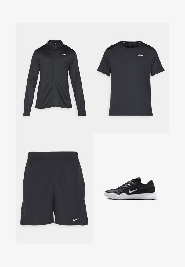 Melna sporta jaka ar garām piedurknēm, apkakli un pilnu rāvējslēdzēju. Uz kreisā krūts augšdaļas ir maigs Nike logo baltā krāsā. Gluda tekstūra.; Melna Nike skriešanas T-kreklā, kas izgatavots no viegla un elpojoša materiāla, ar īsām piedurknēm un mazu baltu logo uz krūtīm.; Melnas sporta šortus, kas izgatavoti no viegla auduma, ar elastīgu jostasvietu un mazu baltu Nike logo kreisajā apakšējā stūrī.; Melni sporta apavi ar teksturētu virsu, balto Nike zulumu un balto gumijas zoli. Iezīmējas ar auklu pievilkšanas dizainu un dinamisku formu.