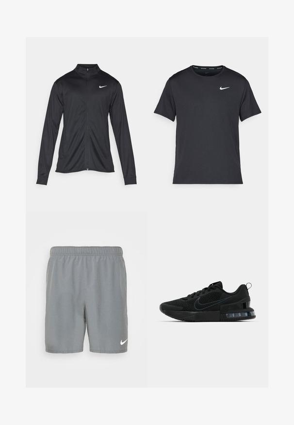 Černá sportovní bunda s dlouhými rukávy, límcem a plným zipem. Má decentní bílou logo značky Nike na horní levé části hrudi. Hladká textura.; Černé běžecké tričko Nike vyrobené z lehkého a prodyšného materiálu, s krátkými rukávy a malým bílým logem na hrudi.; Šedé sportovní šortky vyrobené z hladkého materiálu, s elastickým pasem a bílým logem Nike na dolní přední pravé straně.; Černé tenisky Nike s horní částí z prodyšné síťoviny, texturovanou podrážkou a viditelnou vzduchovou jednotkou v patě. Detaily a logo v tmavším odstínu černé.