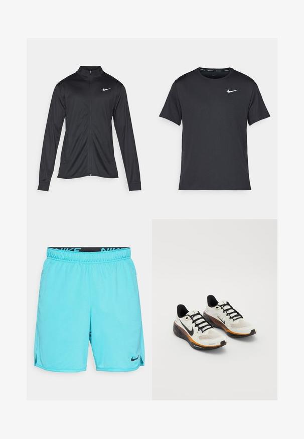 Crna sportska jakna s dugim rukavima, ovratnikom i punim patentnim zatvaračem. Ima suptilan Nike logo u bijeloj boji na gornjem lijevom dijelu prsne oznake. Glatka tekstura.; Crna Nike majica za trčanje napravljena od laganog, prozračnog materijala, s kratkim rukavima i malim bijelim logotipom na prsima.; Tirkizne sportske kratke hlače, lagani materijal, elastična traka u struku s crnim "NIKE" logotipom, bočni prorezi na rubu za slobodu pokreta, jednostavan dizajn.; Nike tenisice za trčanje s bijelim mrežastim gornjim dijelom, crnim vezicama, narančasto-crnim potplatom s točkastim detaljima i prozračnim dizajnom.