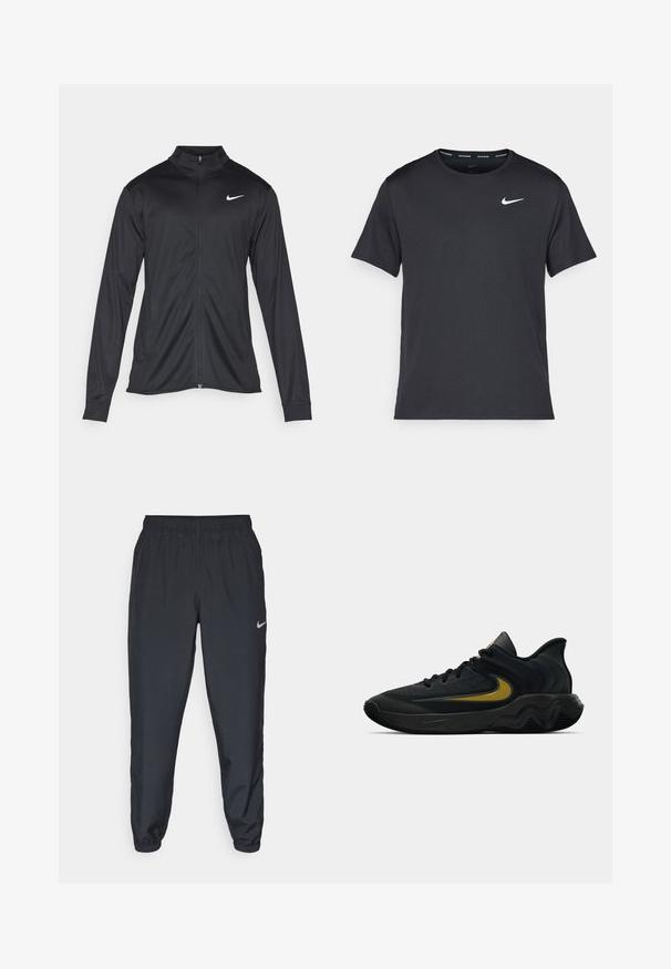 Schwarze Sportjacke mit langen Ärmeln, Kragen und voller Reißverschluss. Verfügt über ein dezentes Nike-Logo in Weiß auf der oberen linken Brust. Glatte Textur.; Schwarzes Nike Lauft-Shirt aus leichtem, atmungsaktivem Material, mit kurzen Ärmeln und einem kleinen weißen Logo auf der Brust.; Schwarze Trainingshose aus einem leichten Stoff mit elastischem Bund, Knöchelabschlüssen und einem dezenten Nike-Logo auf der linken Seite.; Schwarzer und dunkelgrauer Sportschuh mit schwarzen Schnürsenkeln und goldenem Swoosh-Logo, ausgestattet mit einem gewellten Sohlen design und gepolstertem Fersenkragen.