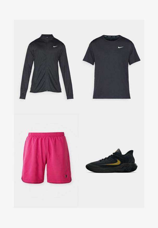 Black athletic jacket with long sleeves, collar, and full zipper. Features a subtle Nike logo in white on the upper left chest. Smooth texture.; Black Nike running T-shirt made of lightweight, breathable material, featuring short sleeves and a small white logo on the chest.; Bright pink athletic shorts with elastic waistband and small brand logo on the lower left leg against a white background.; Black and dark gray athletic shoe with black laces and gold swoosh logo, featuring a wavy sole design and padded heel collar.