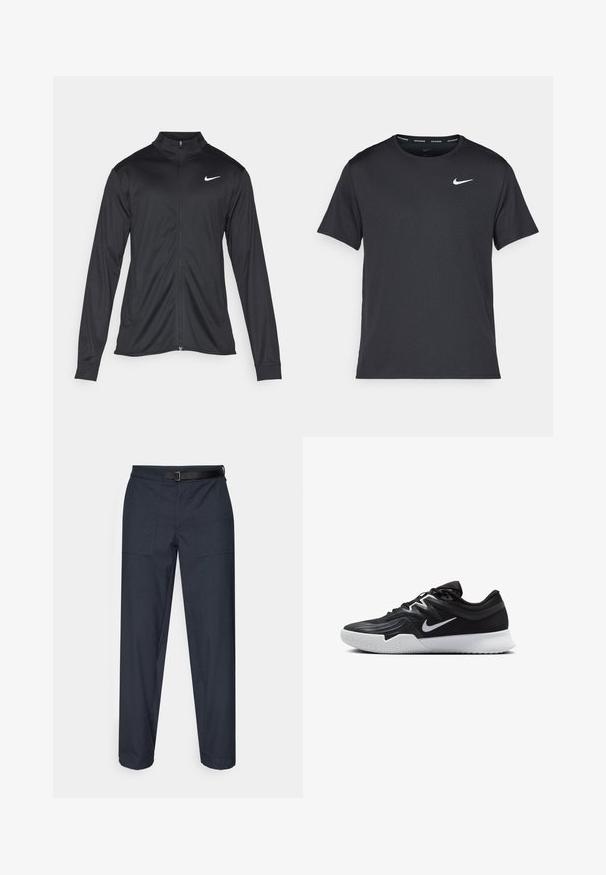 Black athletic jacket with long sleeves, collar, and full zipper. Features a subtle Nike logo in white on the upper left chest. Smooth texture.; Black Nike running T-shirt made of lightweight, breathable material, featuring short sleeves and a small white logo on the chest.; Dark navy trousers with a straight cut, featuring two front pockets, a black adjustable belt, and a smooth texture.; Black athletic shoe with a textured upper, white Nike swoosh, and a white rubber outsole. Features a lace-up design and dynamic shape.