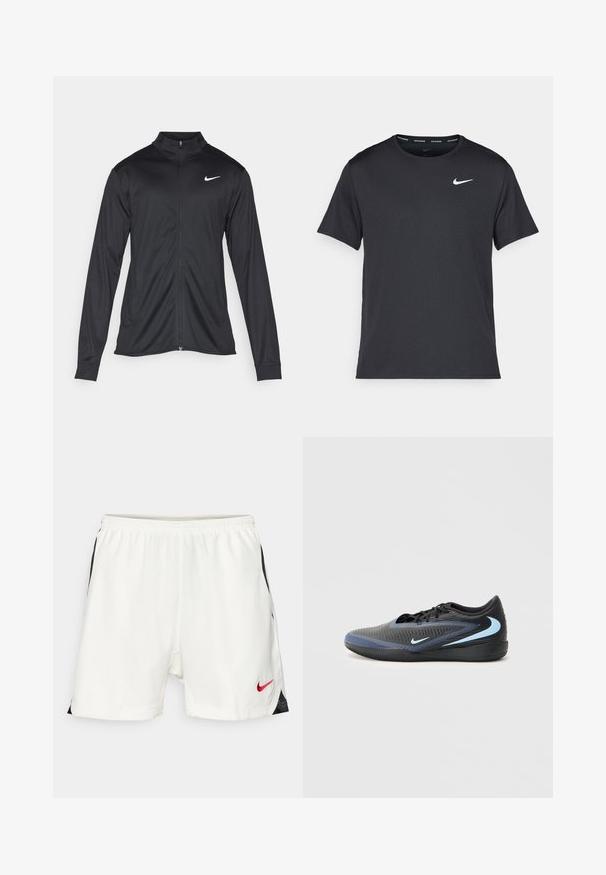 Svart idrettsjakke med lange ermer, krage og full glidelås. Har en subtil Nike-logo i hvitt på øvre venstre bryst. Glatt tekstur.; Svart Nike løpe-T-skjorte laget av lett, pustende stoff, med korte ermer og en liten hvit logo på brystet.; Hvite sportsbukser med svarte sidestrek, elastisk midje og rød Nike-logo nederst på fronten. Glatt, lett stoff.; Svart og blå lavt kuttet treningssko med teksturert overflate, svarte lisser og lyseblå Nike swoosh-logoer på siden og sålen.
