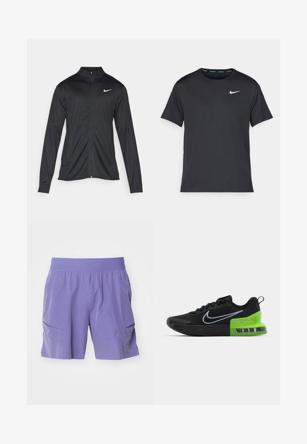 Crna sportska jakna s dugim rukavima, ovratnikom i punim patentnim zatvaračem. Ima suptilan Nike logo u bijeloj boji na gornjem lijevom dijelu prsne oznake. Glatka tekstura.; Crna Nike majica za trčanje napravljena od laganog, prozračnog materijala, s kratkim rukavima i malim bijelim logotipom na prsima.; Ljubičaste kratke hlače napravljene od laganog materijala, s elastičnom gumom u struku i dva bočna džepa. Jednostavan dizajn s suptilnim logotipom.; Crne atletske cipele s mrežastim gornjim dijelom, s zelenim i crnim potplatom s zračenjem, te bijelim Nike swoosh logom.