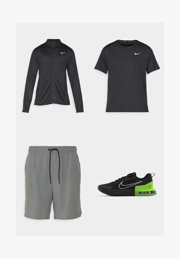 Juodas sportinis švarkas su ilgomis rankovėmis, apykakle ir pilnu užtrauktuku. Yra subtilus baltas Nike logotipas kairėje krūtinės pusėje. Lygus tekstūra.; Juodas Nike bėgimo marškinėlis, pagamintas iš lengvos, kvėpuojančios medžiagos, turintis trumpas rankoves ir mažą baltą logotipą ant krūtinės.; Pilki sportiniai šortai su elastine juosme, juoda raišteliu, dviem šoninėm kišenėm ir maža prekės ženklo logotipo etiketė apatinėje krašto dalyje.; Juodasis sportinis batelis su tinklo viršumi, su žalia ir juoda padu, turinčiu oro pagalvę, ir baltu Nike swoosh logotipu.