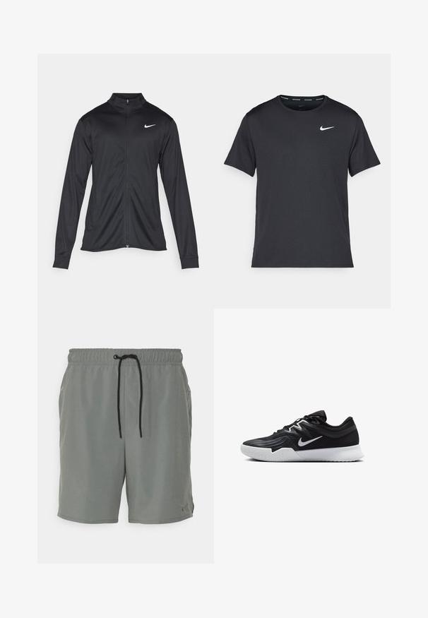 Musta urheilutakki pitkillä hihoilla, kauluksella ja kokonaisella vetoketjulla. Täydentää hienovarainen Nike-logo valkoisena vasemmassa ylärinnassa. Litteä pinta.; Musta Nike juoksupaita, joka on valmistettu kevyestä ja hengittävästä materiaalista. Paidassa on lyhyet hihnat ja pieni valkoinen logo rinnassa.; Harmaat urheilusortsit, joissa on joustava vyötärö, musta nyöri, kaksi sivutaskua ja pieni merkkilogo alahelmassa.; Musta urheilukenkä, jossa on teksturoitu päällinen, valkoinen Nike-tikkaus ja valkoinen kumipohja. Kenkässä on nauhakuji ja dynaaminen muoto.