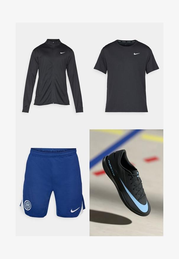 Chaqueta atlética negra con mangas largas, collar y cremallera completa. Presenta un sutil logo de Nike en blanco en la parte superior izquierda del pecho. Textura suave.; Camiseta de running negra de Nike, hecha de material ligero y transpirable, con mangas cortas y un pequeño logo blanco en el pecho.; Pantalones cortos deportivos azules hechos de un tejido ligero, con un logotipo blanco de Nike y un emblema en la pierna izquierda, con aberturas laterales para mayor movilidad.; Zapatilla deportiva negra con detalles azules, superficie texturizada, diseño de cordones y el logo distintivo de Nike. Suela de goma con patrones de agarre.