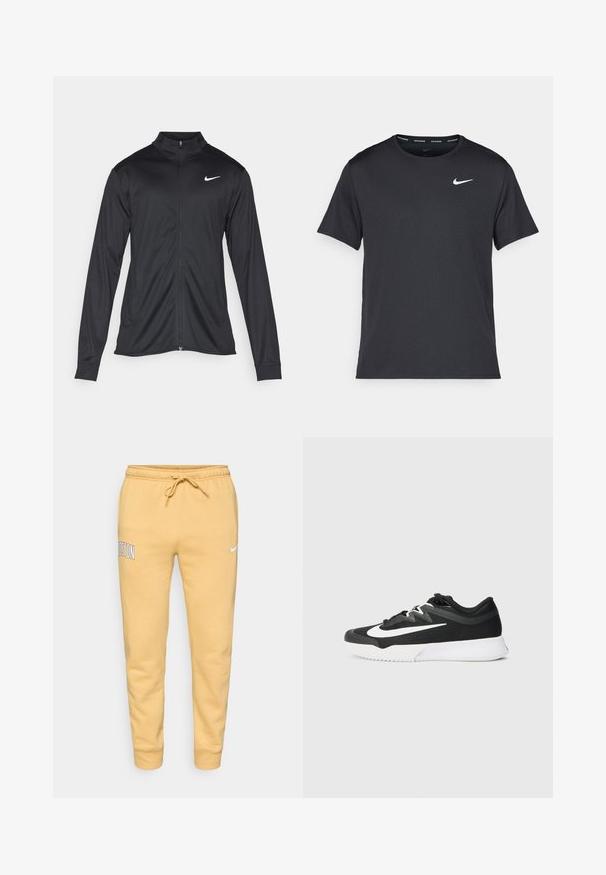 Μαύρο αθλητικό μπουφάν με μακριά μανίκια, γιακά και πλήρη φερμουάρ. Διαθέτει ένα διακριτικό λευκό λογότυπο της Nike στη πάνω αριστερή πλευρά του στήθους. Λείος υφασμάτινος χαρακτήρας.; Μαύρη αθλητική μπλούζα Nike από ελαφρύ, αναπνέον υλικό, με κοντά μανίκια και μικρό λευκό λογότυπο στο στήθος.; Κίτρινες παντελόνες φούτερ με κορδόνι, με ελαστικές μανσέτες, κείμενο "BOSTON" στο αριστερό μηρό και μικρό άσπρο λογότυπο Nike στο δεξί μηρό.; Μαύρο αθλητικό παπούτσι με υφή στην πάνω επιφάνεια, λευκό λογότυπο Swoosh, σχέδιο με κορδόνια και λαστιχένια σόλα με μοτίβο.