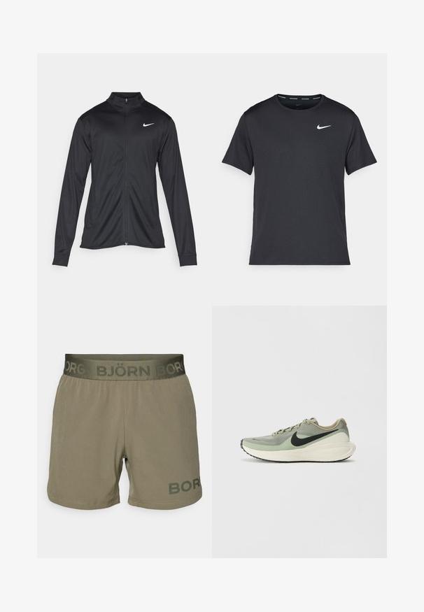 Jacket desportivo preto com mangas longas, colarinho e fecho zip completo. Apresenta um discreto logotipo da Nike em branco na parte superior do lado esquerdo do peito. Textura suave.; T-shirt de corrida Nike preto, feito de material leve e respirável, com mangas curtas e um pequeno logo branco no peito.; Calças de homem em tecido verde-azeitona com cintura elástica com o logótipo "BJÖRN BOR". Textura suave, corte até à meia coxa, detalhes de bainha cosida.; Nike Performance REVOLUTION 8 - Sapatos para corrida em estrada - army/black/jade horizon/phantom